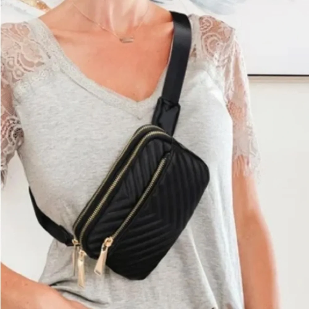 Unbranded Triple Zipper Quilted Vegan Faux Leather Black Belt Bag Fanny Pack